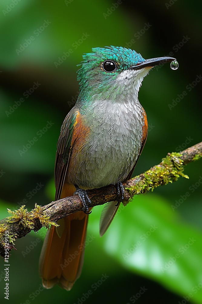 Fototapeta premium A small bird sitting on a branch with a drop of water in its beak