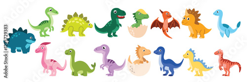 Big collection of dinosaurs in flat style. Hand drawn vector art.
