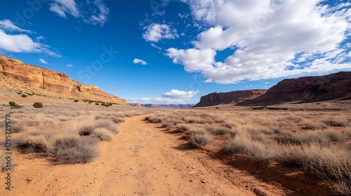 Expansive desert landscape with rugged terrain and cloudy sky inviting exploration and adventure : Generative AI photo