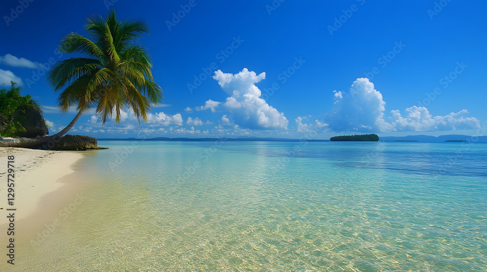 Fototapeta premium Tranquil palm tree by clear water tropical beach nature photography serene landscape view