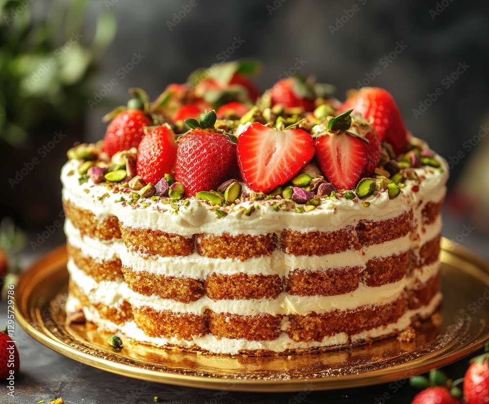 Strawberry pistachio layered cake on gold platter with plants in background Strawberry pistachio layered cake on gold platter with plants in background