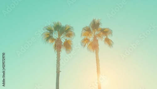 Two palm trees against a pastel sky, sun shining through