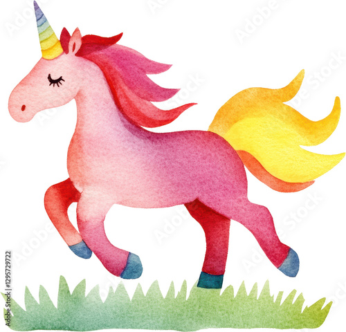 Watercolor illustration of a pink unicorn with a rainbow horn and yellow tail galloping in the grass