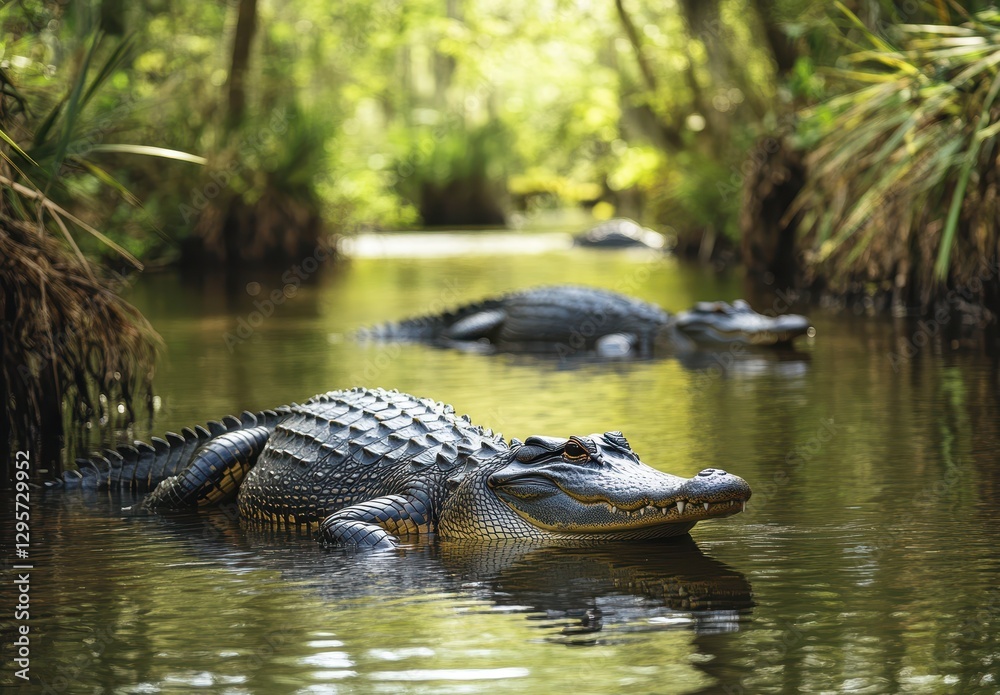 Serene River Landscape with Alligators Resting in Tranquil Water Surrounded by Lush Greenery and Sunlit Reflections in the Wetland Habitat Serene River Landscape with Alligators Resting in Tranquil Water Surrounded by Lush Greenery and Sunlit Reflections in the Wetland Habitat