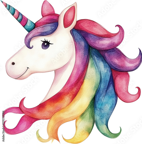 Adorable Rainbow Unicorn Watercolor Illustration Perfect for Kids Designs and Fantasy Art Projects