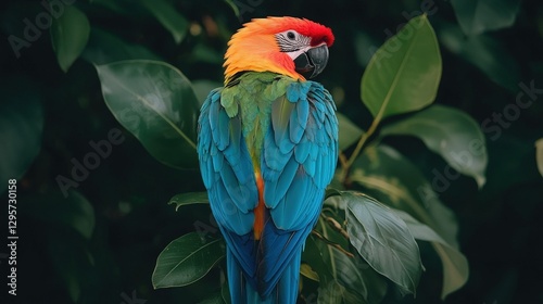A colorful macaw perched on a leafy green plant stem