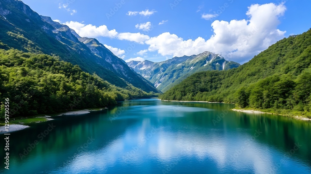 Breathtaking Mountain Lake Surrounded by Lush Green Forests and Majestic Peaks Under Bright Blue Sky : Generative AI Breathtaking Mountain Lake Surrounded by Lush Green Forests and Majestic Peaks Under Bright Blue Sky : Generative AI