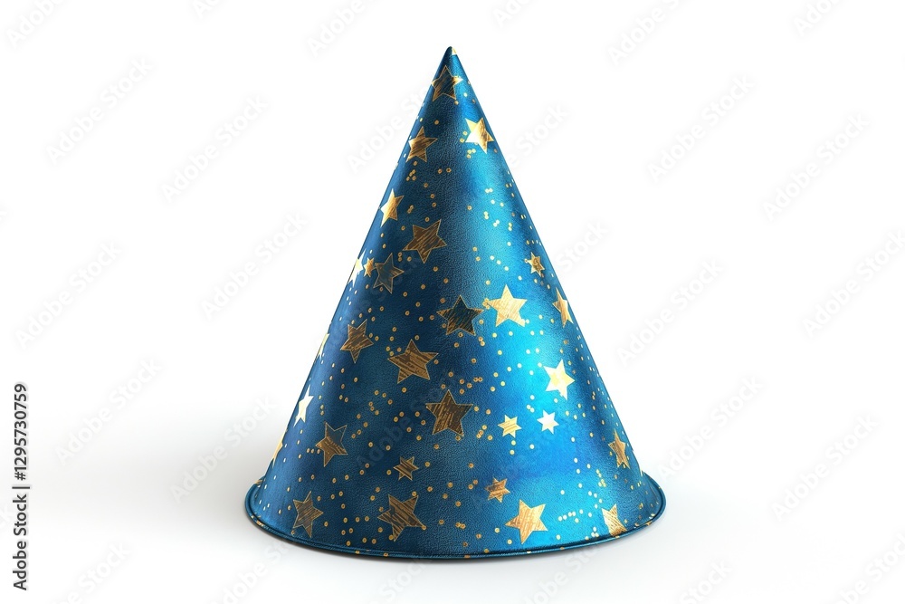 Fototapeta premium A vibrant blue party hat adorned with golden stars, perfect for celebrations and festive occasions.