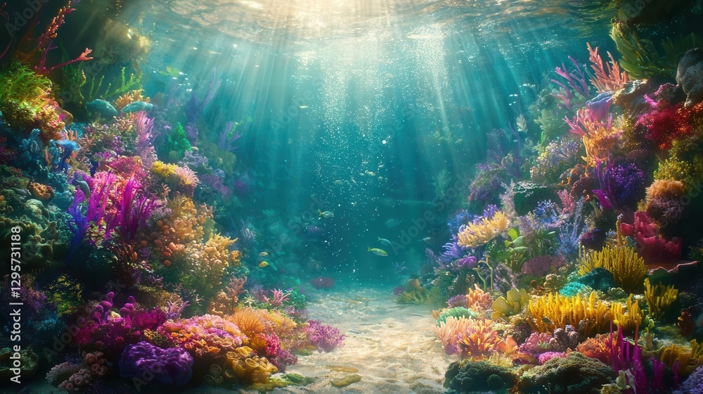 Naklejka premium Vibrant Coral Reef Underwater Scene with Sunbeams