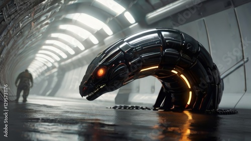 Futuristic Robotic Serpent Emerging from Industrial Tunnel with Glowing Red Eyes and Orange Light