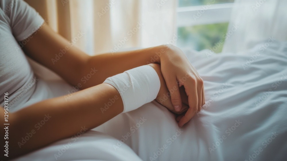 A person with an elbow injury using a bandage in a minimalist bedroom. Featuring support and rehabilitation A person with an elbow injury using a bandage in a minimalist bedroom. Featuring support and rehabilitation