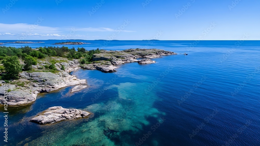 Aerial View of Serene Blue Ocean with Rocky Coast and Lush Greenery : Generative AI Aerial View of Serene Blue Ocean with Rocky Coast and Lush Greenery : Generative AI