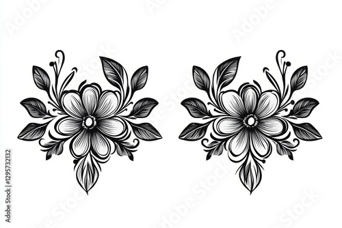 Decorative floral design, symmetrical arrangement, black and white, graphic art for print photo