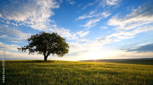 Stunning sunrise over a solitary tree standing tall in a lush green field under an expansive sky : Generative AI