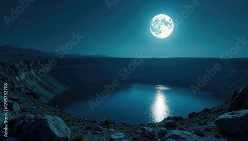 Ancient crater-like lake with a full moon casting an eerie glow on its surface, Serene, Ancient, Full Moon photo