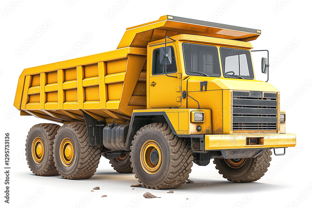 A bright yellow dump truck with large tires, showcasing its robust design for construction and heavy-duty tasks. A bright yellow dump truck with large tires, showcasing its robust design for construction and heavy-duty tasks.