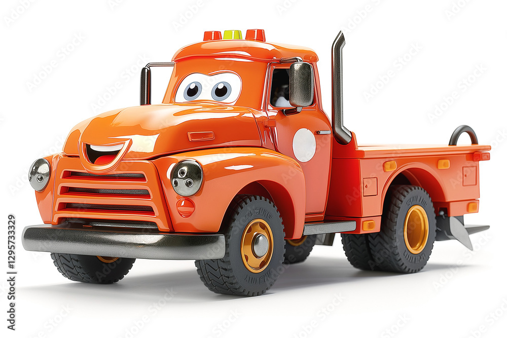 Fototapeta premium A cheerful orange toy truck with big eyes and a friendly smile, perfect for imaginative play.