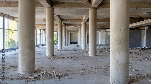 Interior of an unfinished building showing concrete pillars and abandoned space : Generative AI photo