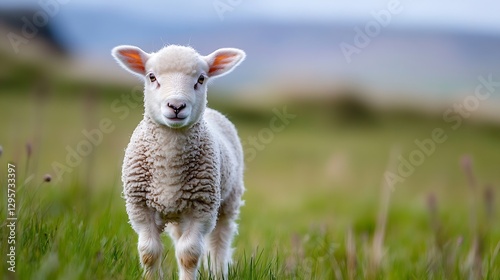 Cute Fuzzy Lamb Walking on Green Grass in a Beautiful Pastoral Landscape : Generative AI photo