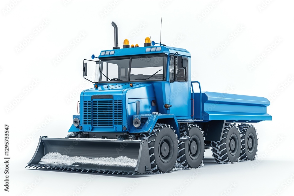 Naklejka premium A blue snowplow truck with large tires and a front blade, ready for winter road conditions.
