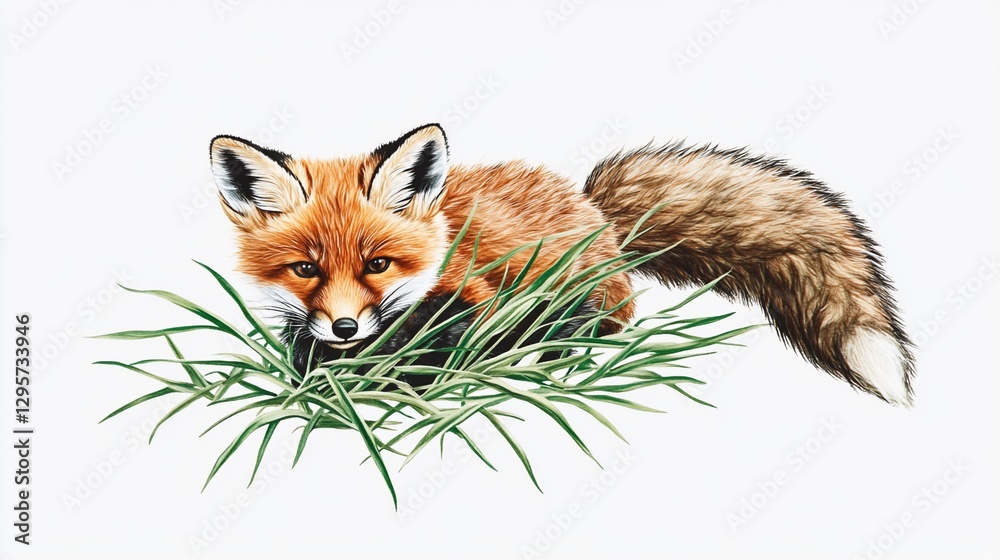 Obraz premium Red fox kit in grass, white background, wildlife illustration