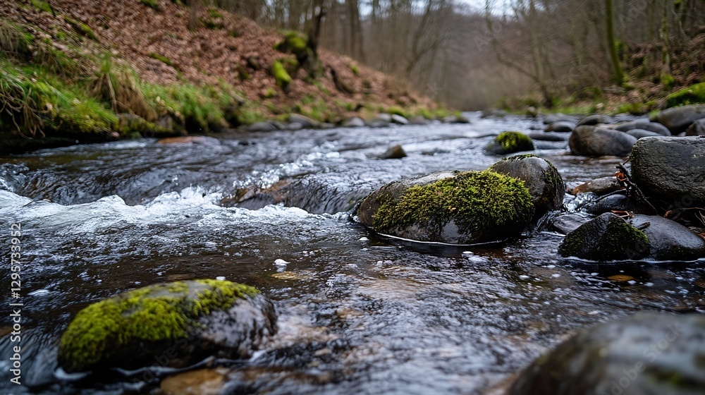 Serene Freshwater Stream Flowing Over Mossy Rocks in a Tranquil Forest Setting : Generative AI Serene Freshwater Stream Flowing Over Mossy Rocks in a Tranquil Forest Setting : Generative AI