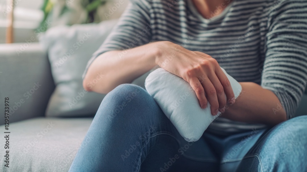 A person with an elbow injury using a cold compress in a calm, minimalist living room. Featuring healing and pain relief A person with an elbow injury using a cold compress in a calm, minimalist living room. Featuring healing and pain relief