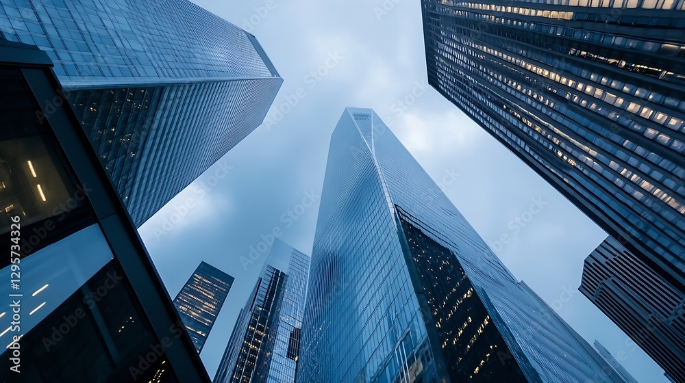 Fototapeta premium Dramatic view of towering skyscrapers revealing a cloudy sky and modern urban architecture : Generative AI