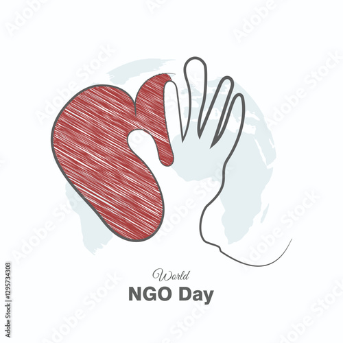 World NGO Day vector, illustration. Sketch heart, hand and globe design. Social work, Charity and Volunteering. photo