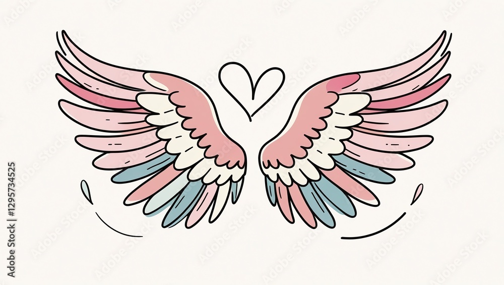 Obraz premium Angel wings set, cartoon doodle style. Hand drawn Trendy flat style cartoon isolated icon. Cupid wings. Vector illustration for web graphic design, poster, T shirt print, Valentines Day Greeting Card
