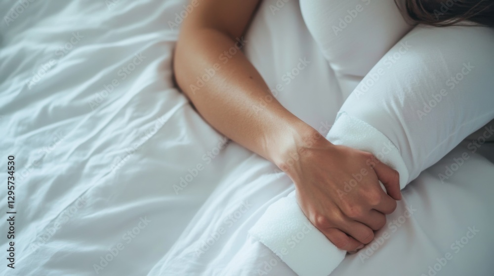 A person with an elbow injury using a cold compress in a minimalist bedroom. Featuring pain relief and recovery A person with an elbow injury using a cold compress in a minimalist bedroom. Featuring pain relief and recovery