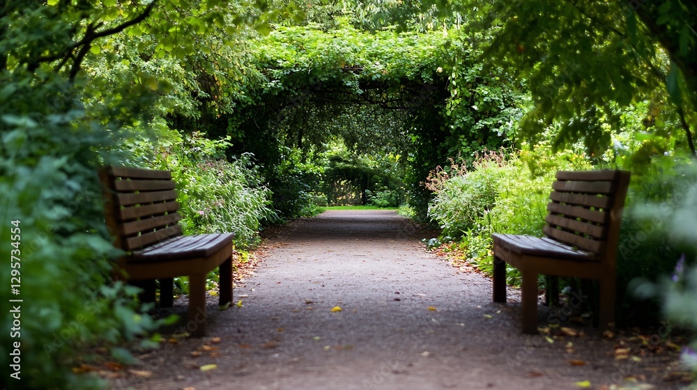 Lush Green Pathway Framed by Overhanging Foliage and Empty Benches : Generative AI Lush Green Pathway Framed by Overhanging Foliage and Empty Benches : Generative AI