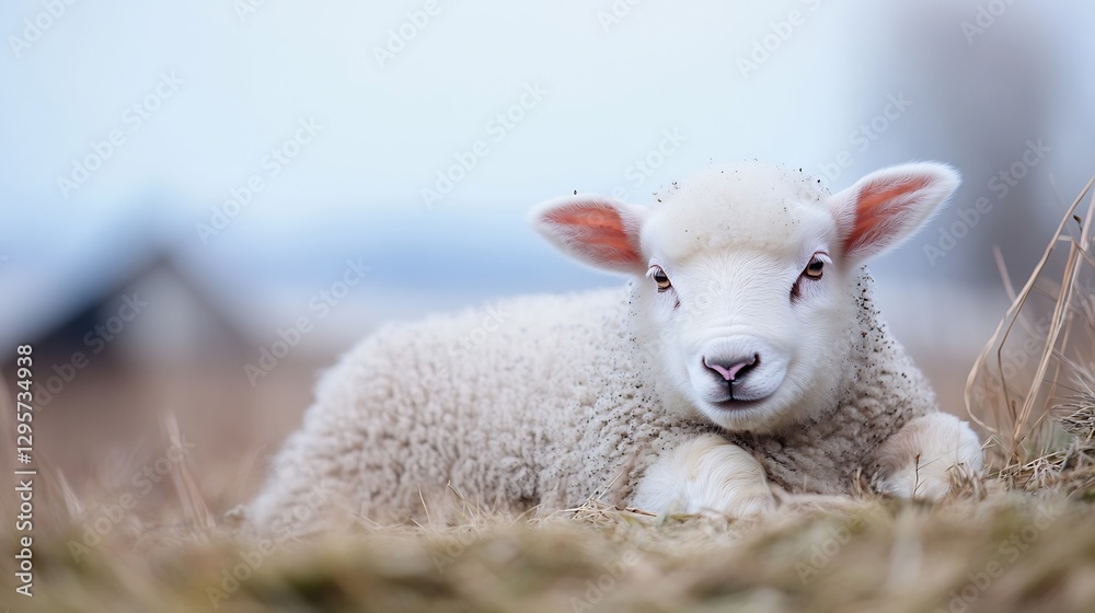 Cute lamb lying on soft grass in a serene countryside setting under a calm blue sky : Generative AI Cute lamb lying on soft grass in a serene countryside setting under a calm blue sky : Generative AI