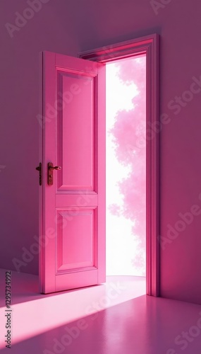 An open pink door with a swirling mist of white light emerging from the crack, misty, white light