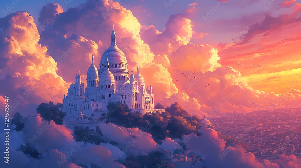 Obraz premium An anime-style depiction of the Sacré-Cœur Basilica, its white domes glowing softly under a vibrant pink and orange sunset, surrounded by whimsical clouds floating gently in the sky. --ar 16:9