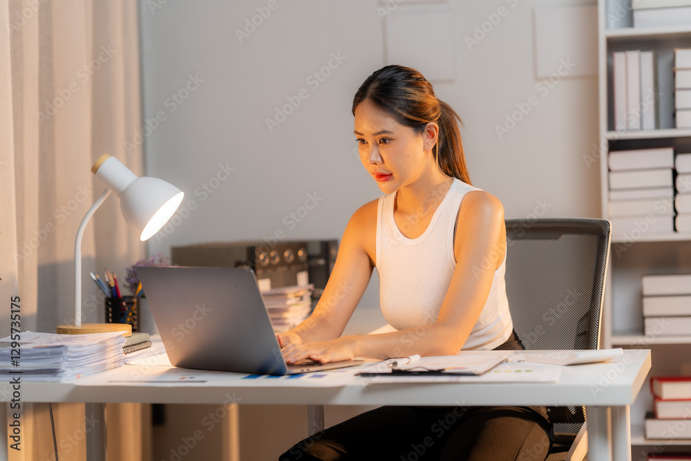 Obraz premium Focused Woman Working Late: A woman is diligently working on her laptop at her desk, illuminated by a desk lamp. She appears focused and determined.
