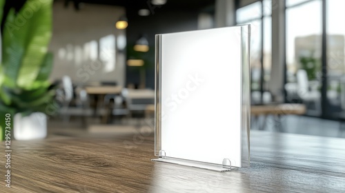 Blank white acrylic menu stand on wooden table on blurred restaurant background .