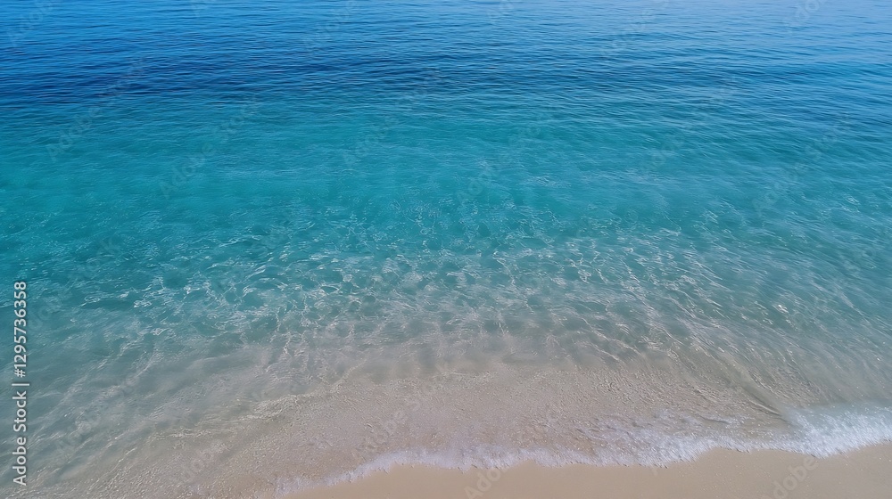 Fototapeta premium Aerial view of tranquil clear turquoise water gently washing onto a sandy beach : Generative AI