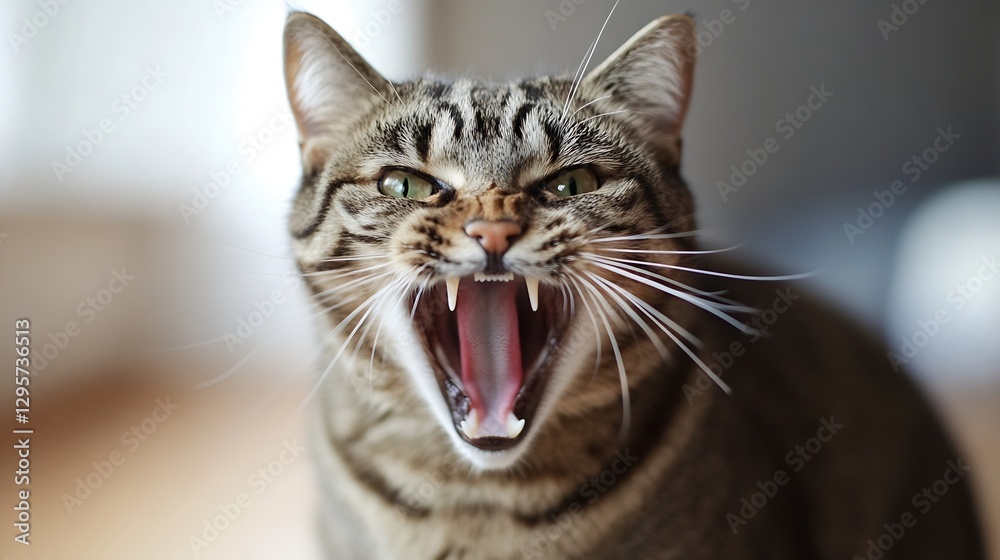 Close up of an angry tabby cat showcasing its sharp teeth and intense expression in a domestic setting : Generative AI Close up of an angry tabby cat showcasing its sharp teeth and intense expression in a domestic setting : Generative AI