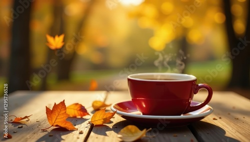 Cozy coffee cup on wooden table amidst falling autumn leaves, nature, wood, autumn