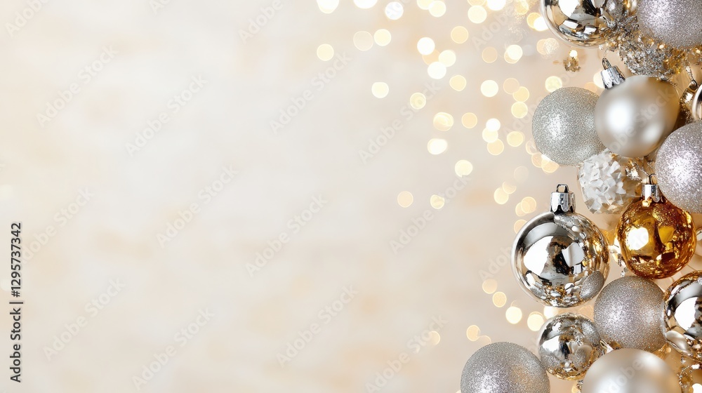 Holiday cheer christmas ornaments festive setting bokeh background bright atmosphere close-up dazzling silver and gold Holiday cheer christmas ornaments festive setting bokeh background bright atmosphere close-up dazzling silver and gold