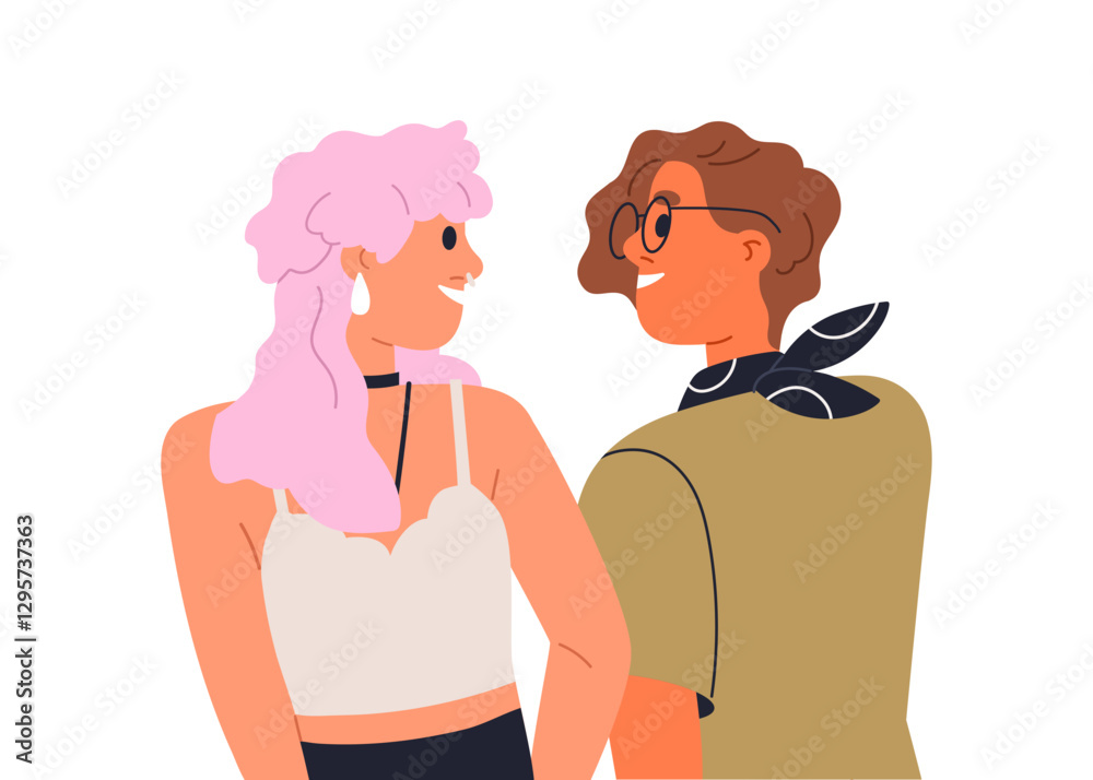Happy young women meeting, smiling. Girls facing, looking at each other, eye contact, communication. Female friends encountering, glad to see. Flat vector illustration isolated on white background Happy young women meeting, smiling. Girls facing, looking at each other, eye contact, communication. Female friends encountering, glad to see. Flat vector illustration isolated on white background