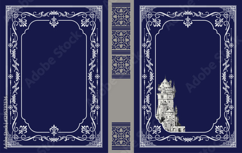 018-09-Classic blue book cover with elegant ornate frames and a majestic castle illustration, perfect for historical novels or fantasy stories. Hand drawn Illustration