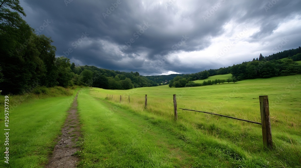 Lush Green Pathway in Scenic Landscape Under Dramatic Sky with Dark Clouds : Generative AI Lush Green Pathway in Scenic Landscape Under Dramatic Sky with Dark Clouds : Generative AI