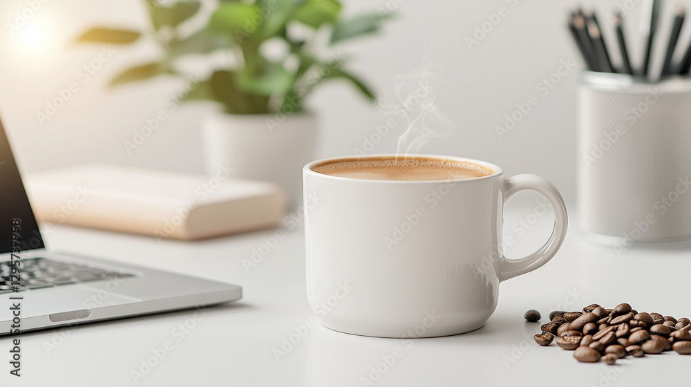 Close-Up of Steaming Coffee Cup with Coffee Beans and Notebook Close-Up of Steaming Coffee Cup with Coffee Beans and Notebook