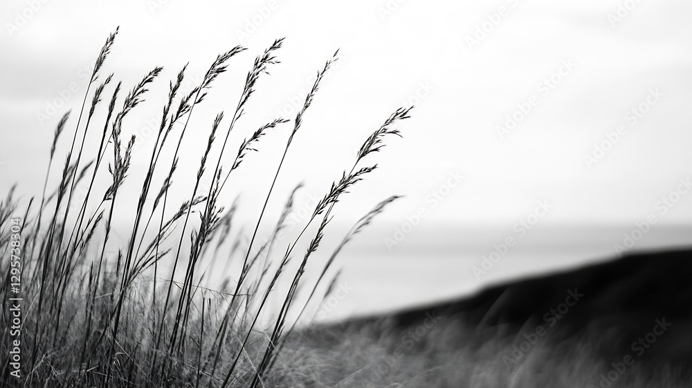Obraz premium Artistic black and white photograph of tall grass swaying gently in the wind near a coastal area : Generative AI
