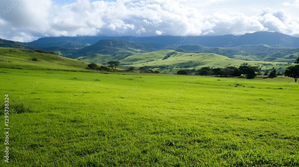 Expansive green field with rolling hills and dramatic clouds under a bright blue sky : Generative AI Expansive green field with rolling hills and dramatic clouds under a bright blue sky : Generative AI