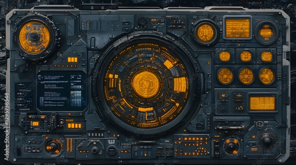 Fototapeta premium Futuristic control panel with glowing orange displays and intricate buttons in a sci-fi setting