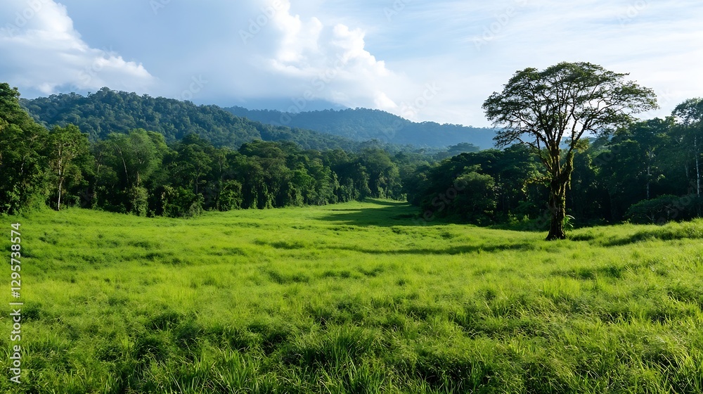 Expansive green grass landscape with trees under a bright sky showcasing nature's beauty : Generative AI Expansive green grass landscape with trees under a bright sky showcasing nature's beauty : Generative AI