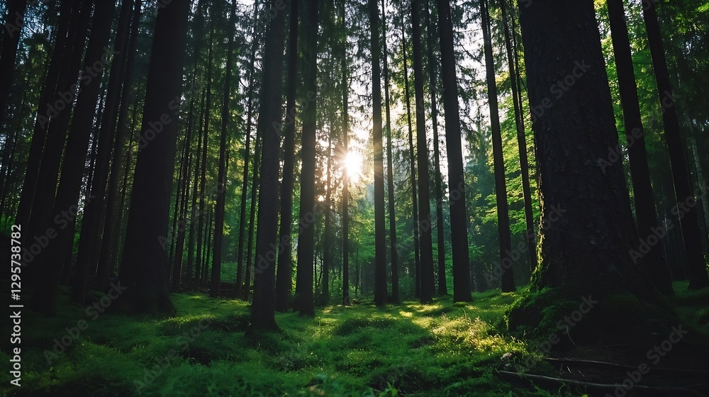 Fototapeta premium Breathtaking Forest Landscape with Sunlight Streaming Through Tall Trees Creating a Mystical Environment : Generative AI